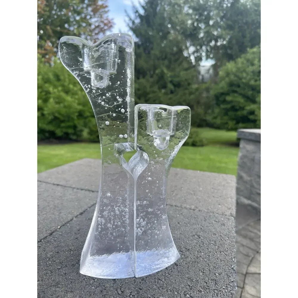 VTG Kosta Boda Connect 2 Candle Holders 12” & 9” Scandinavian Art Glass SWEDEN